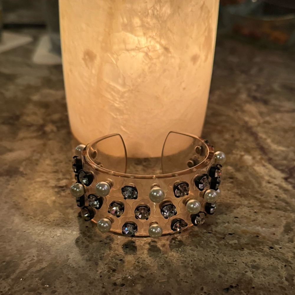 J.Crew Crystal and Pearl Studded Cuff Bracelet , Heirloom Pink, Small